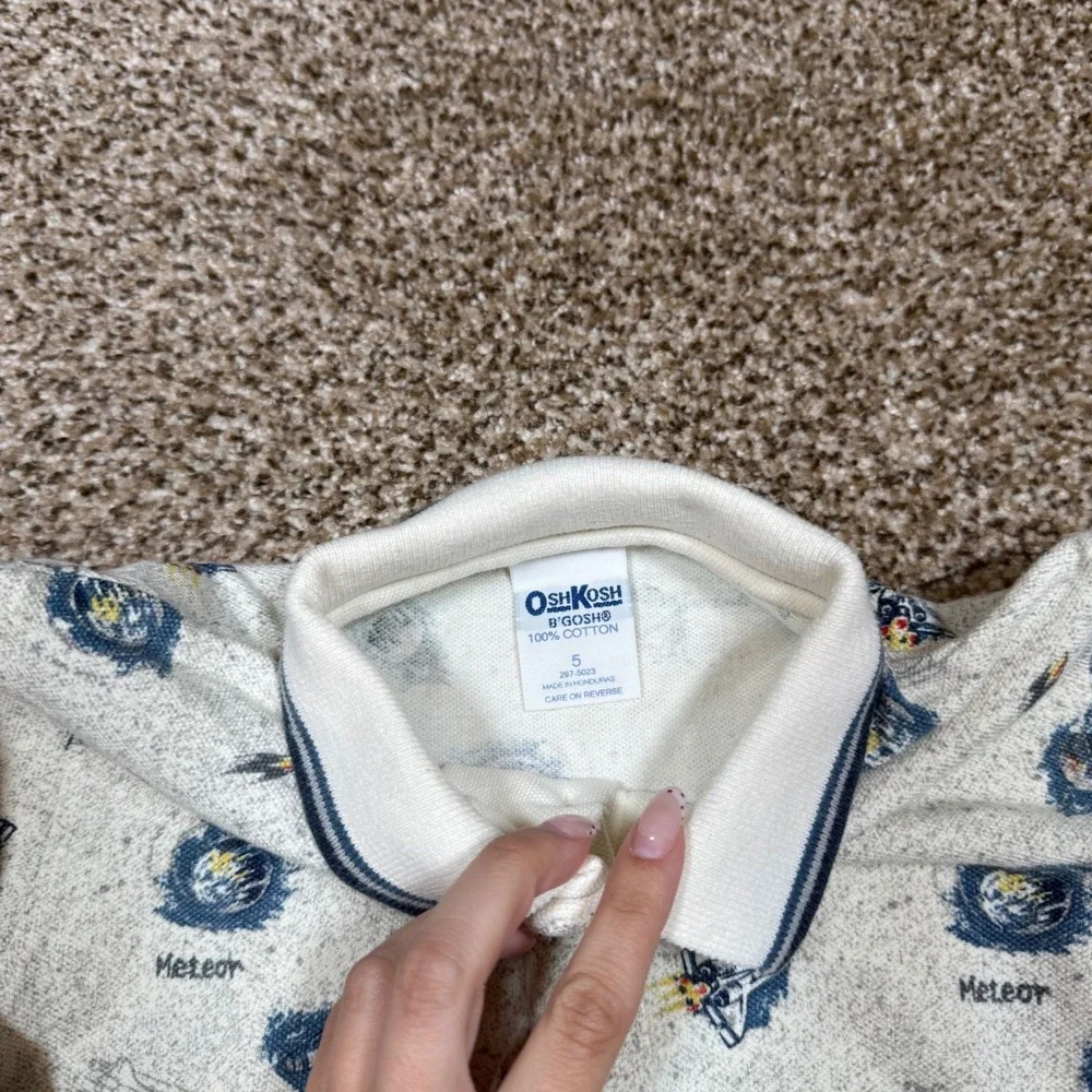 Vintage OshKosh Bgosh Kids Space Print Long Sleeve Polo Shirt Size 5